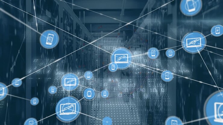 Animasjon av nettverk av forbindelser med ikoner over et serverrom og databehandling
