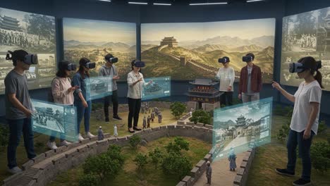 virtual reality experience showcasing historical landscapes with engaged participants exploring ancient civilizations