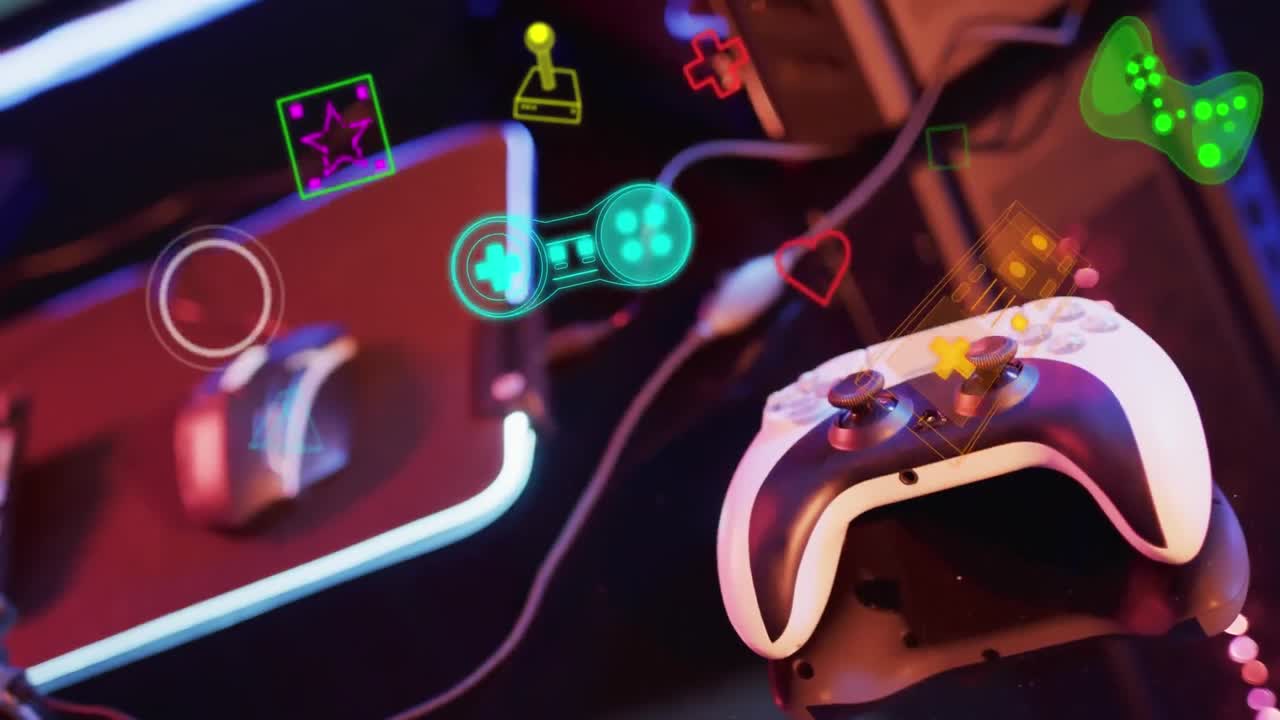 Premium stock video - Animation of neon icons over video game computer ...