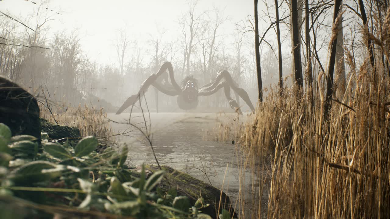 un monstruo araña espeluznante se encuentra en el medio de un lago en un bosque desierto y brumoso. concepto de pesadilla mística. la animación loopable sin fisuras es para fondos de fantasía, mística o horror.