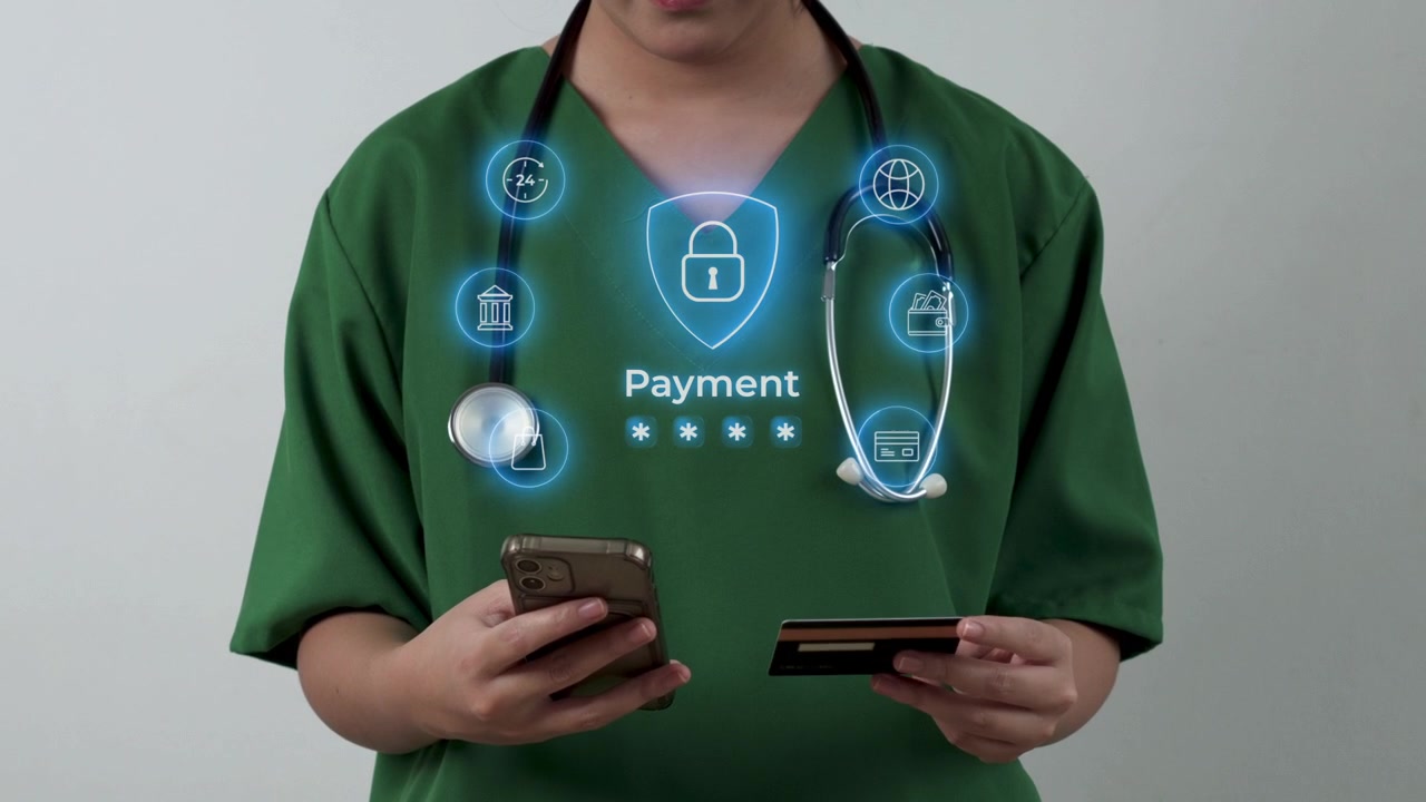 Nurse using smart phone app and credit card for Secure digital medical billing payment transaction