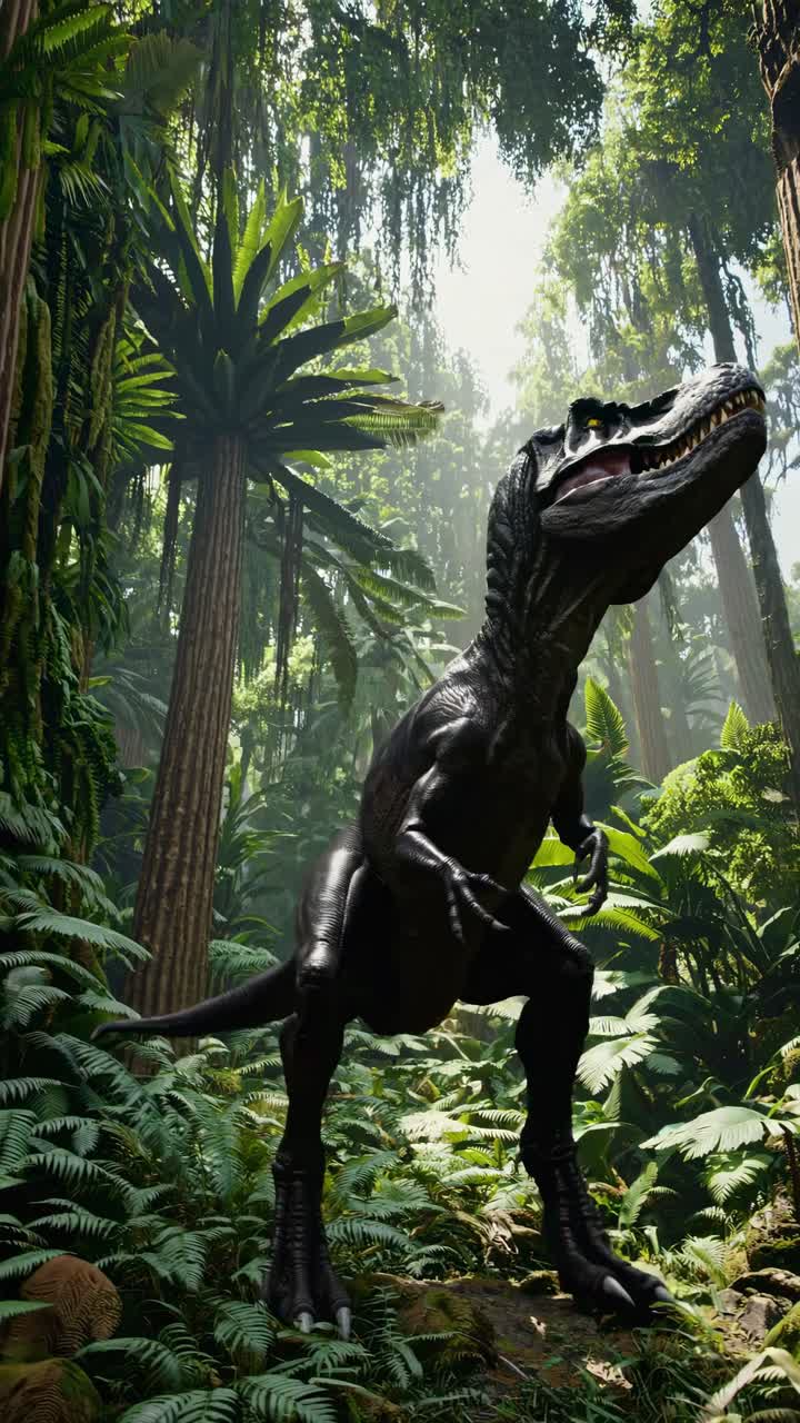 A realistic dinosaur in a lush jungle, captured from a low-angle shot, evoking a cinematic video