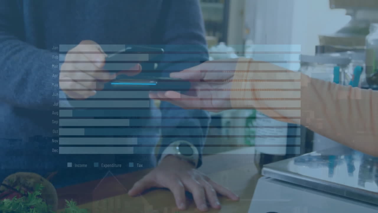 animación de procesamiento de datos sobre un hombre caucásico pagando a una tendera por zanahorias con un teléfono inteligente