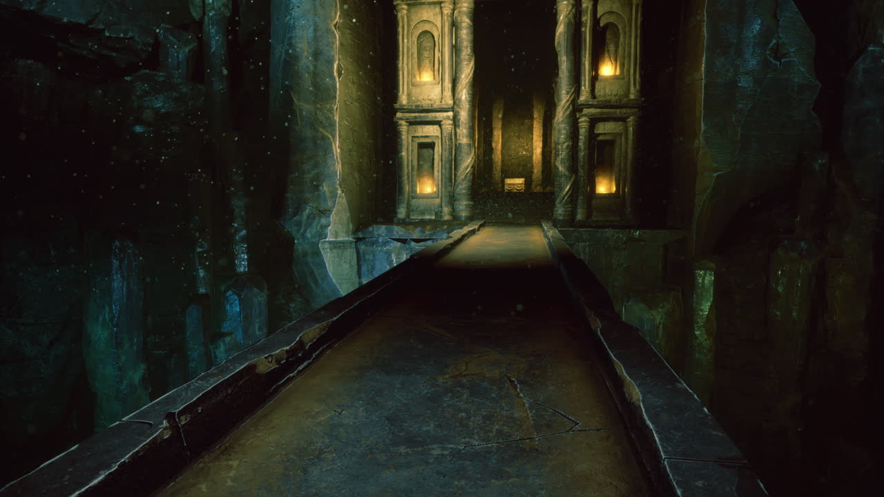 Enigmatic ruins bathed in an eerie glow explore the depths of mystery