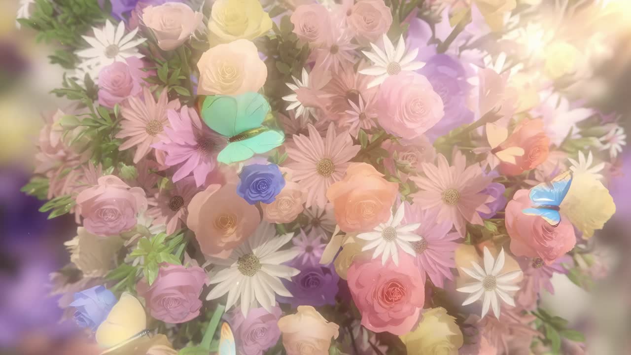 Ripresa video dall'alto di fiori vivaci e farfalle, che creano una scena onirica ed eterea.