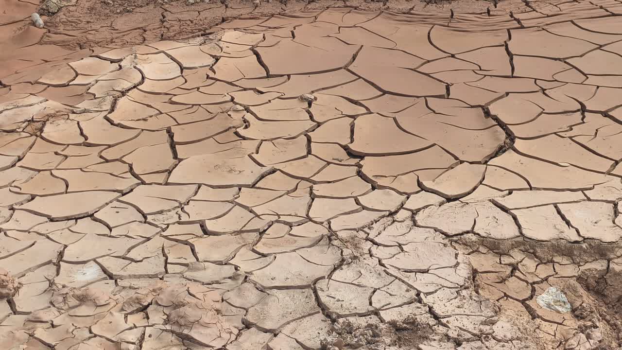 Il terreno arido mostra profonde crepe dopo che l'acqua è completamente evaporata. Ciò accade durante la dura stagione secca. Il terreno è fragile e completamente disidratato.