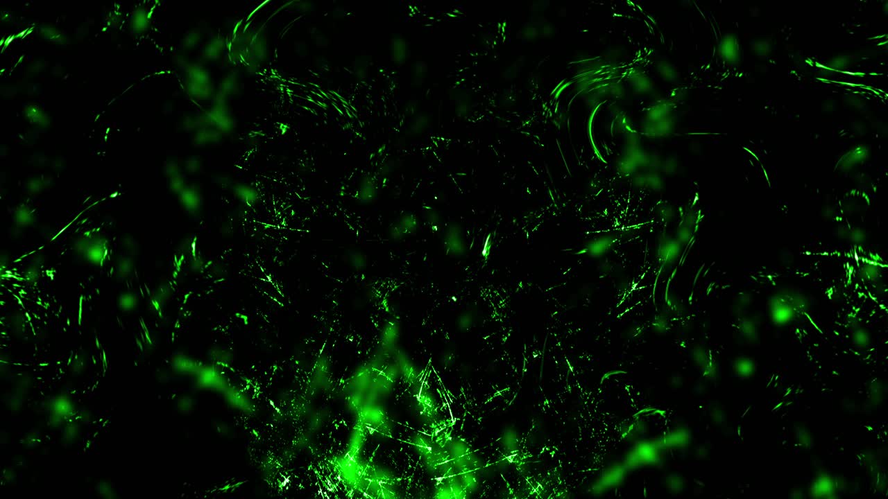 Dark, abstract texture with glowing green scratches and particles. A seamless loop for sci-fi, horror, or intense grunge-style motion backgrounds