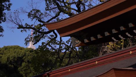 slow motion sideways dolly shinjuku tower as seen from meiji shrine