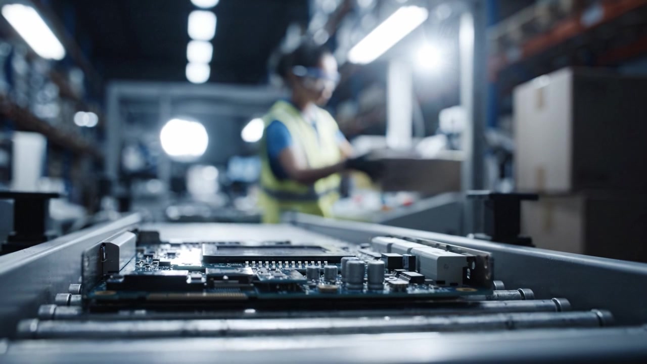 Assembly Line in Electronics Manufacturing: A Close-Up on Circuit Boards with Technician Overseeing Production in a Bright Warehouse Environment