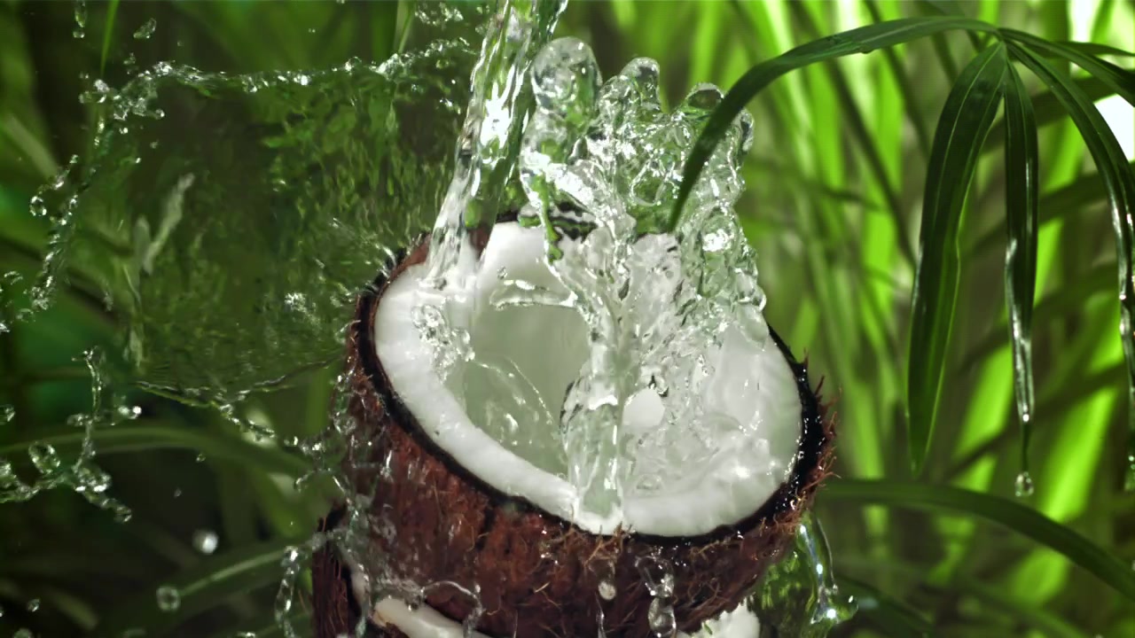 Refreshing Water Splashing into a Cracked Coconut in Slow Motion