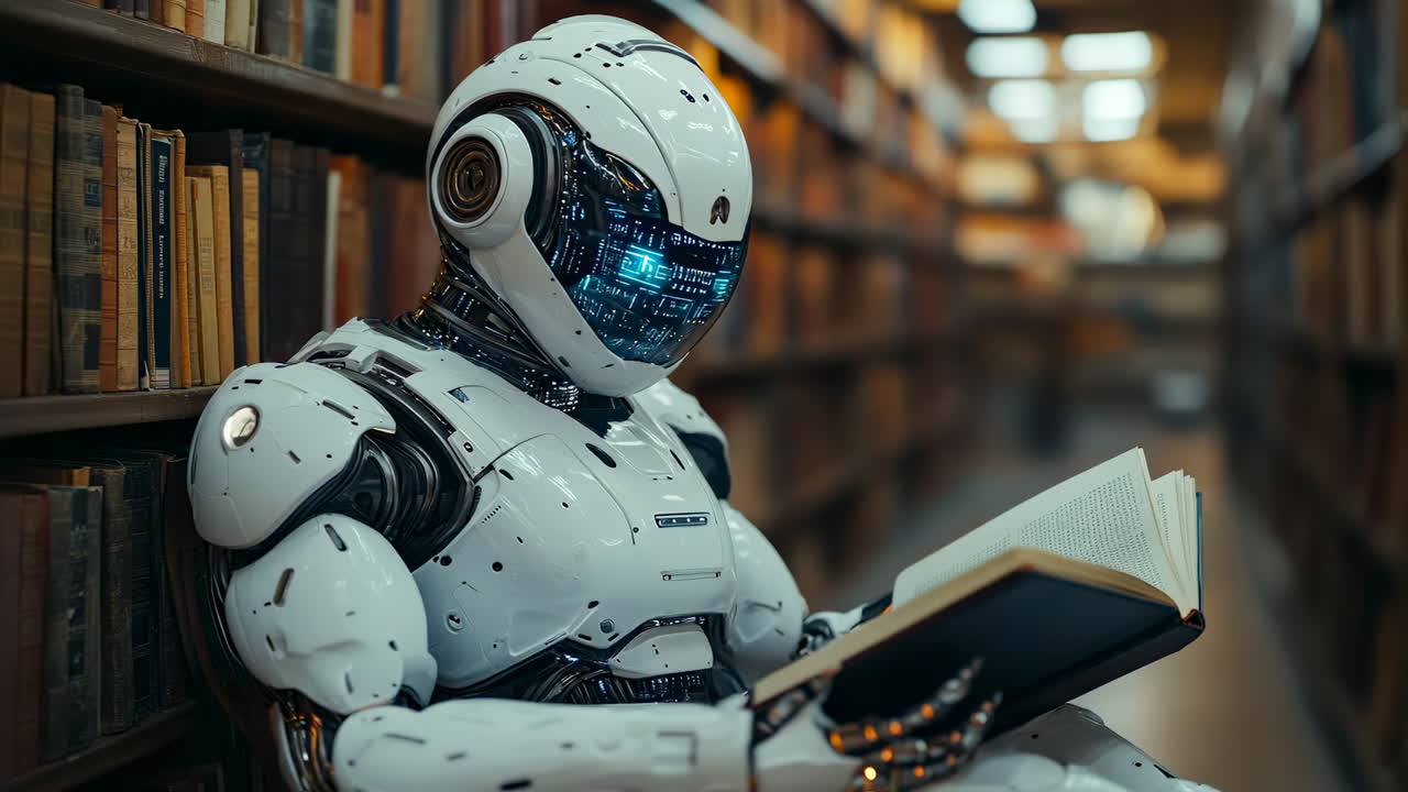Robot reading book in library setting. A robot sits quietly in a library, focused on reading a book among the shelves filled with books