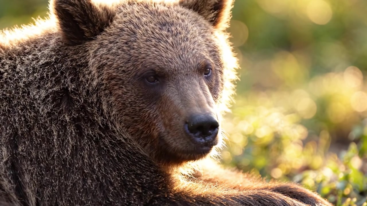 Una vista ravvicinata di un orso grizzly in un ambiente naturale, immerso in una luce calda, che mostra la sua pelliccia testurizzata e l'espressione serena mentre osserva tranquillamente l'ambiente circostante.
