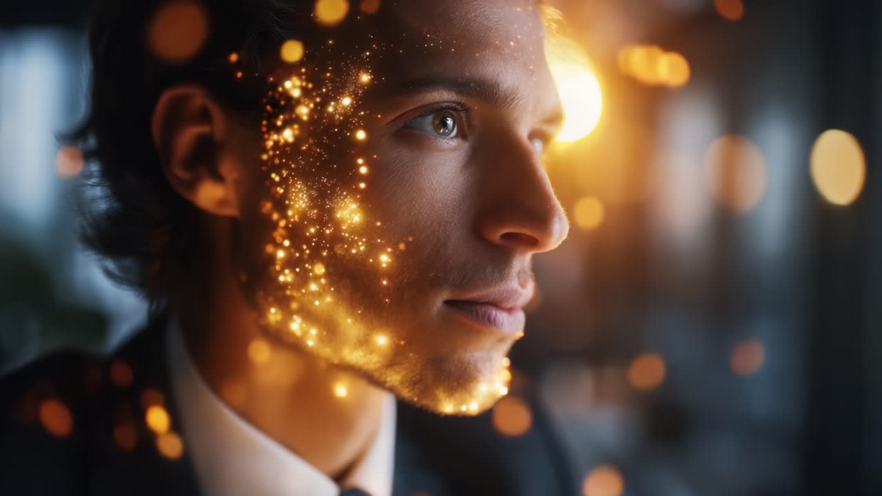 Ein nachdenklicher junger Mann blickt in die Ferne, beleuchtet von sanften goldenen Lichtern, mit einem kreativen Glitzereffekt, der das Ambiente um sein Profil herum verstärkt