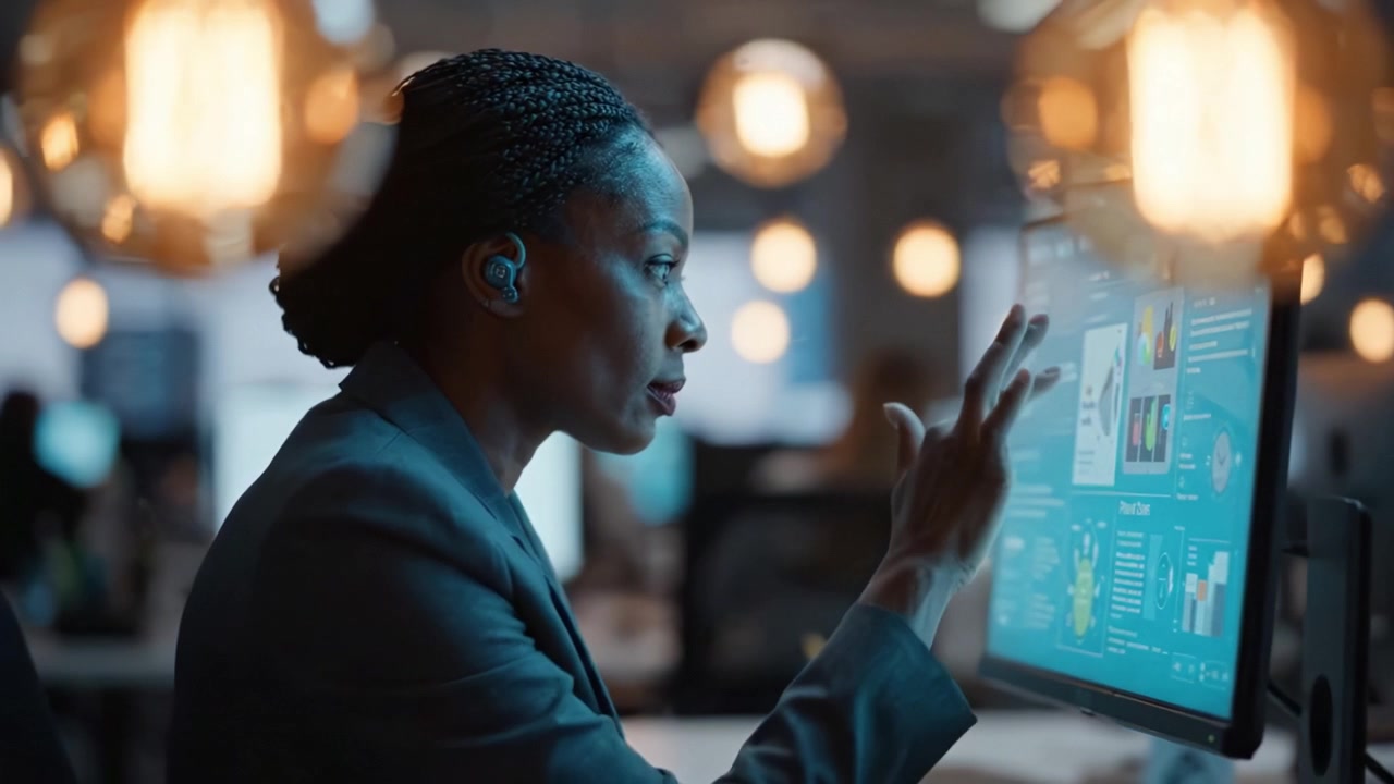 Focused Professional Analyzing Data on Monitor in Collaborative Office Setting with Ambient Lighting and Modern Digital Interface Elements