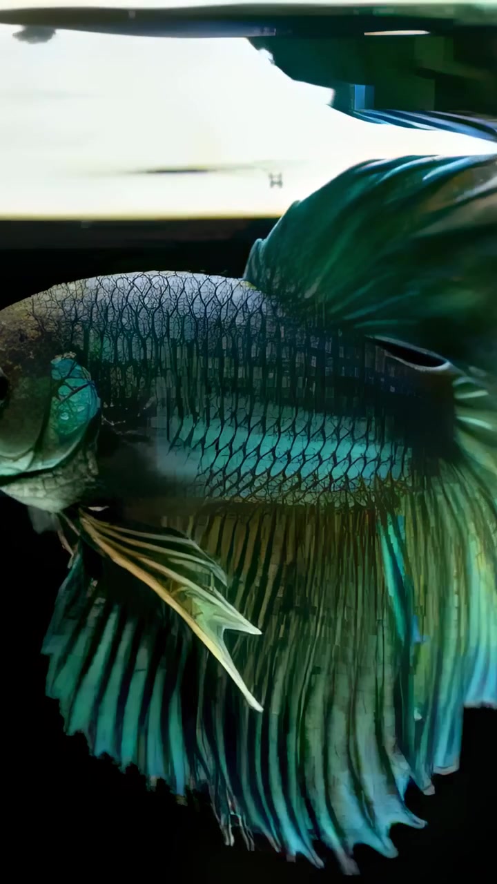 Video verticale: Reagendo al riflesso, un pesce Betta che gira a destra in un acquario domestico, con coperchio in vetro e luce