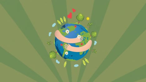 Animation-of-globe-with-arms-and-trees-over-spinning-green-stripes