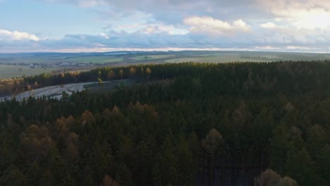 aerial drone forward moving shot over snow covered coniferous tree forest on a cloudy winter day