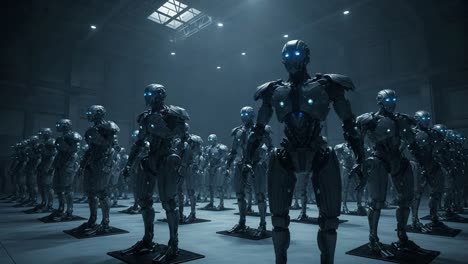 an intriguing scene of multiple humanoid robots standing in a dark, industrial environment, highlighting the advancements in robotics and artificial intelligence.