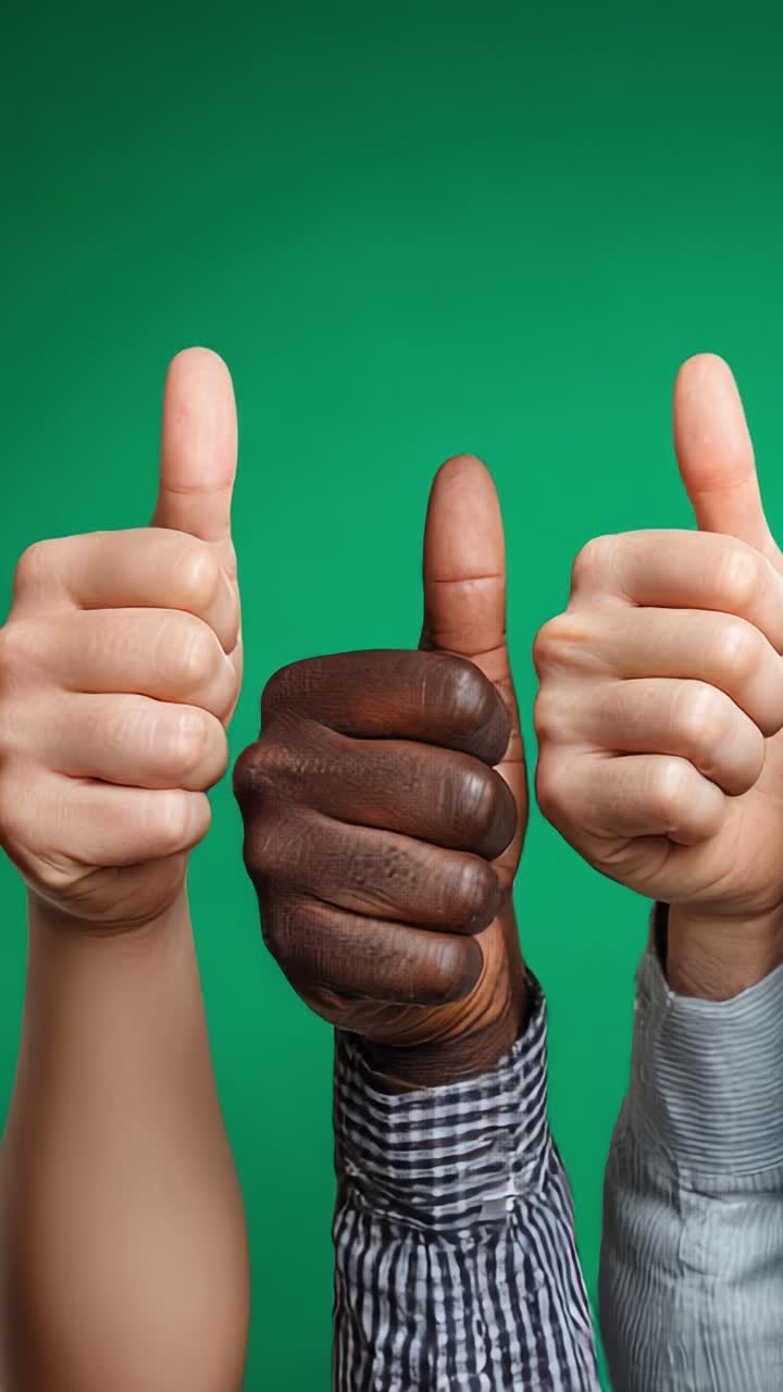 Drie handen die een duim omhoog steken tegen een levendige groene achtergrond, wat overeenstemming, positiviteit en eenheid vertegenwoordigt tussen individuen met verschillende huidskleuren