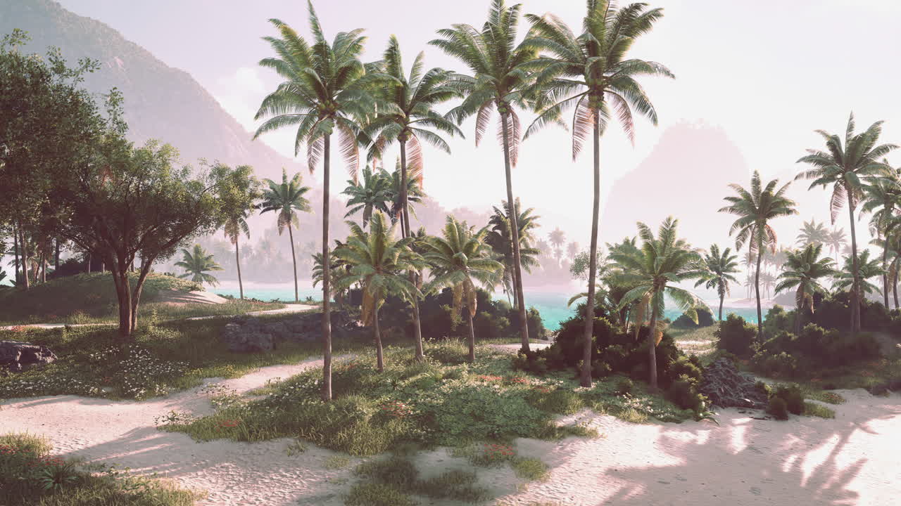 Serene tropical landscape with palm trees and tranquil water at sunrise