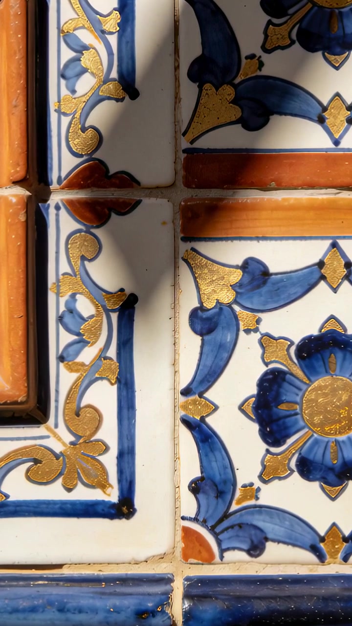 Video verticale: Telecamera che si inclina documentando piastrelle a parete con motivo blu, finiture dorate mentre la luce cambia.