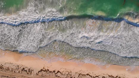 olas de mar turquesa tropical rompiendo en la arena dorada de la playa con algas marinas durante el amanecer - vista aérea de drones de 4k arriba hacia abajo