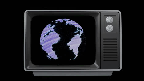 animation of vintage tv with globe on black background