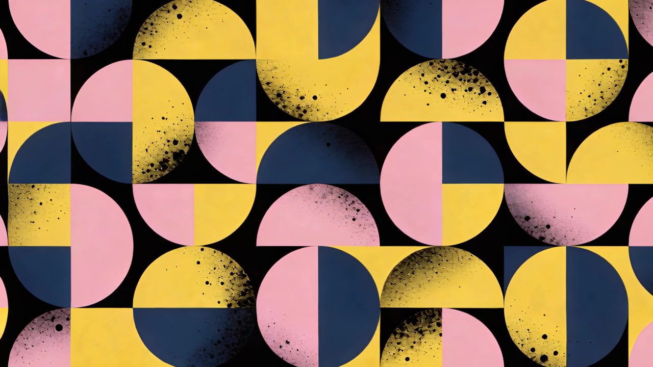 Looping tile grid rotating, swapping spray and gradients for variation on black, pink mustard navy