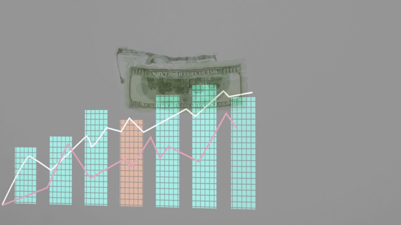 Dollar bill entering top initiating bar chart building showing finance growth, white trend climbing