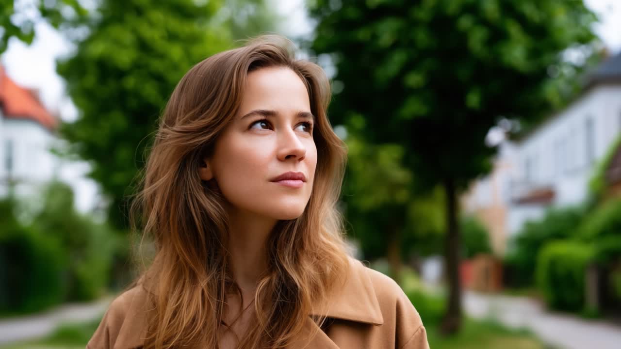 Una giovane donna pensierosa contempla l'ambiente circostante in un quartiere sereno, circondata da alberi rigogliosi e una splendida architettura, evocando un senso di pace e riflessione