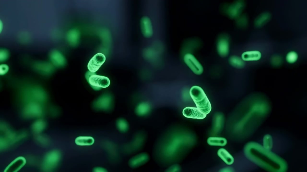 Batteri verdi luminescenti fluttuano attraverso il laboratorio, bacilli fluorescenti al neon si muovono contro attrezzature sfocate.