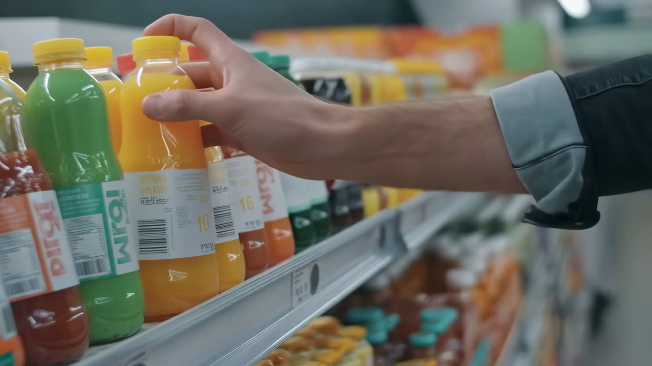 Hand reaching for a bottle of juice on a supermarket shelf