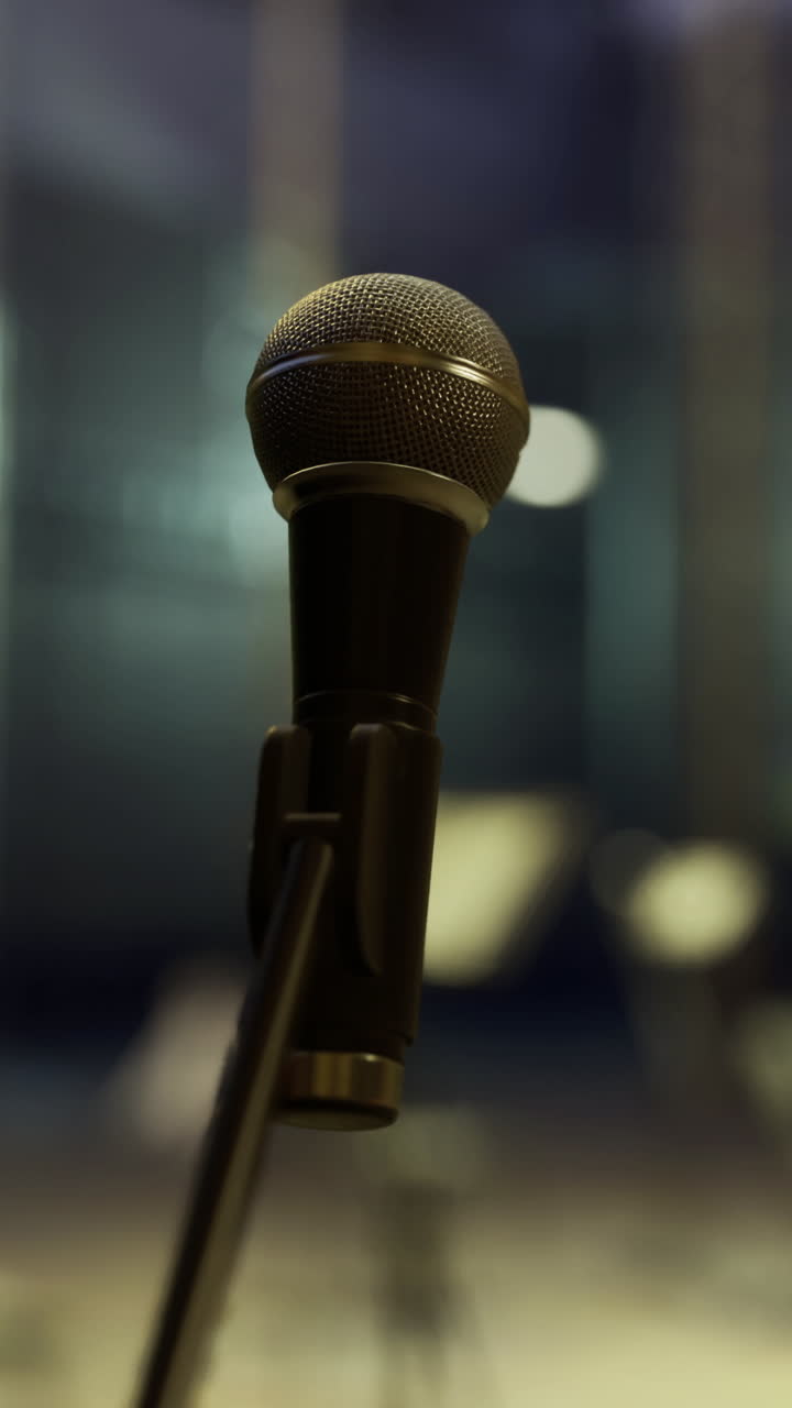 Close view of a microphone in a room with blurred lights and other microphones