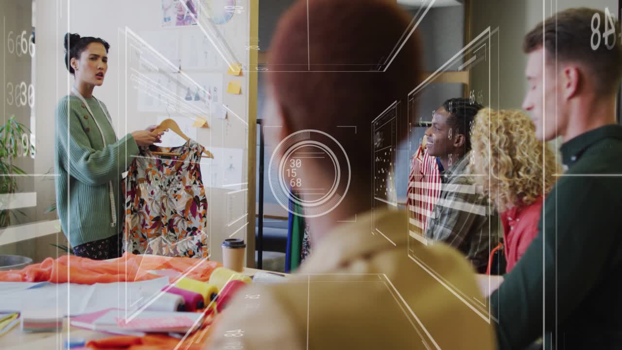 Data overlays flickering driving presenter stepping in fashion studio showing floral blouse details