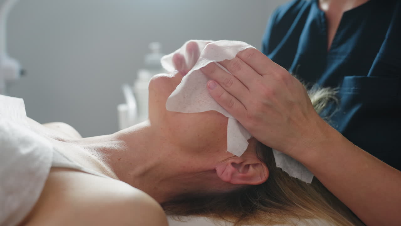 Cosmetologist gently cleans lady face with wet wipe, lady reclined with eyes closed in serene state, soft focus on delicate skin cleansing action in bright professional treatment room setting