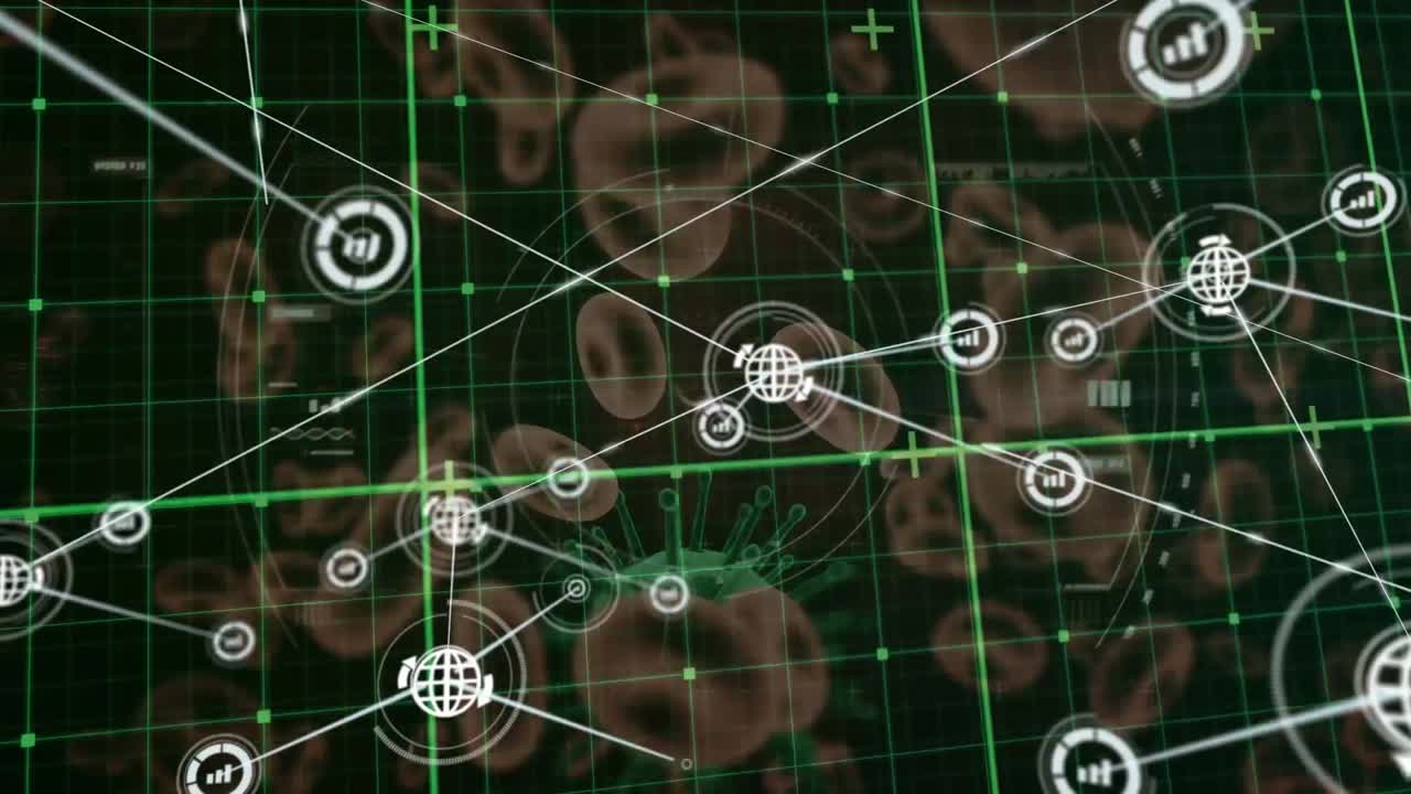 블랙 배경의 코로나19 세포와 혈관에 대한 그리드 네트워크에 있는 디지털 아이콘의 네트워크