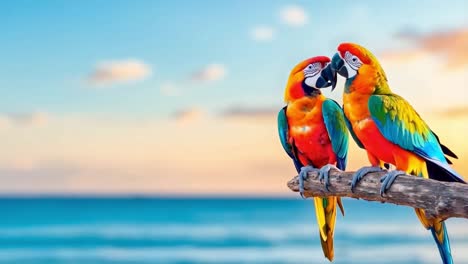 two colorful macaw parrots on a branch by the ocean