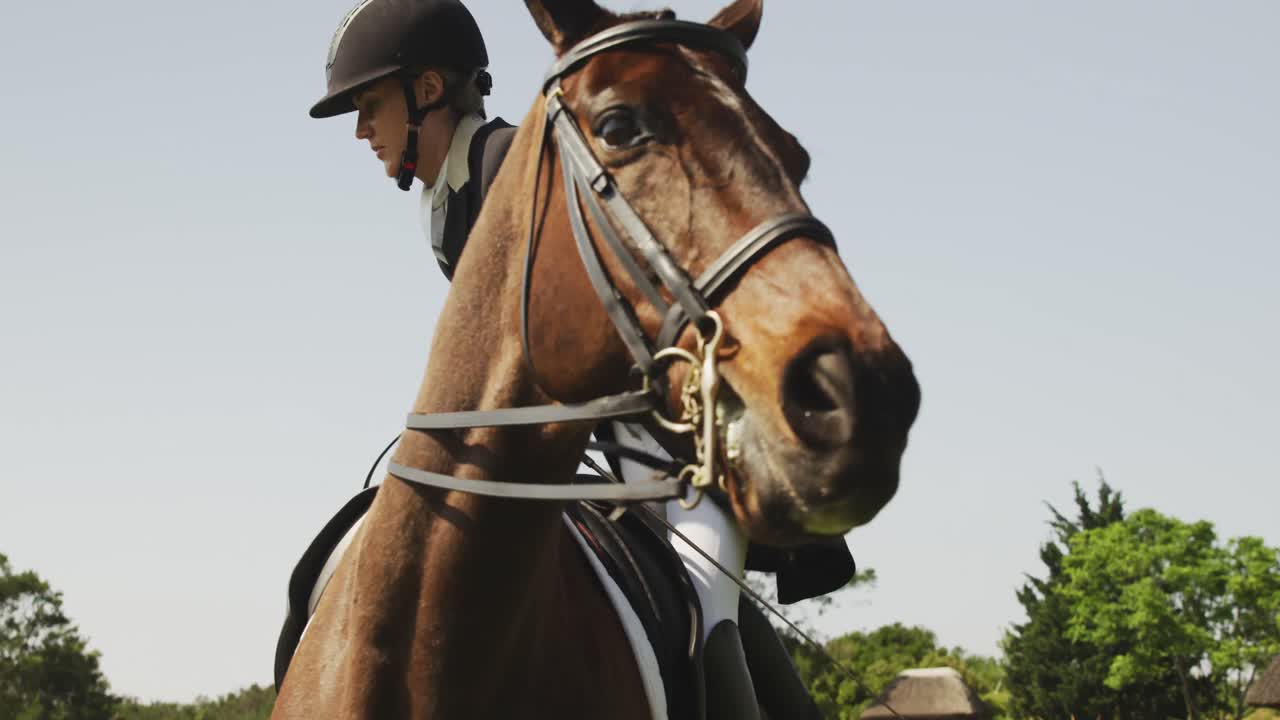 Donna caucasica che cavalca il suo cavallo da dressage