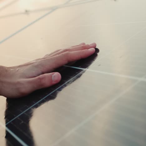 A-man-holds-his-hand-above-the-surface-of-the-solar-panels