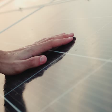 un hombre sostiene su mano sobre la superficie de los paneles solares