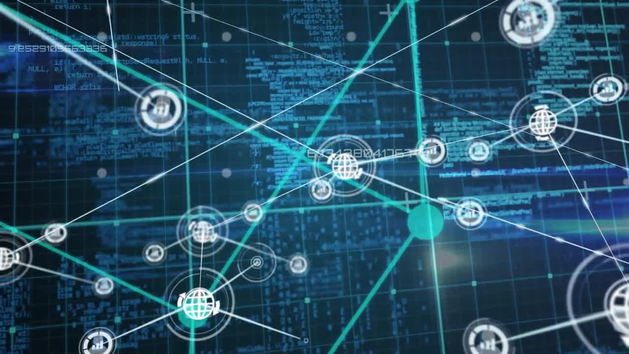 Animation of network of connections with icons over data processing on black background