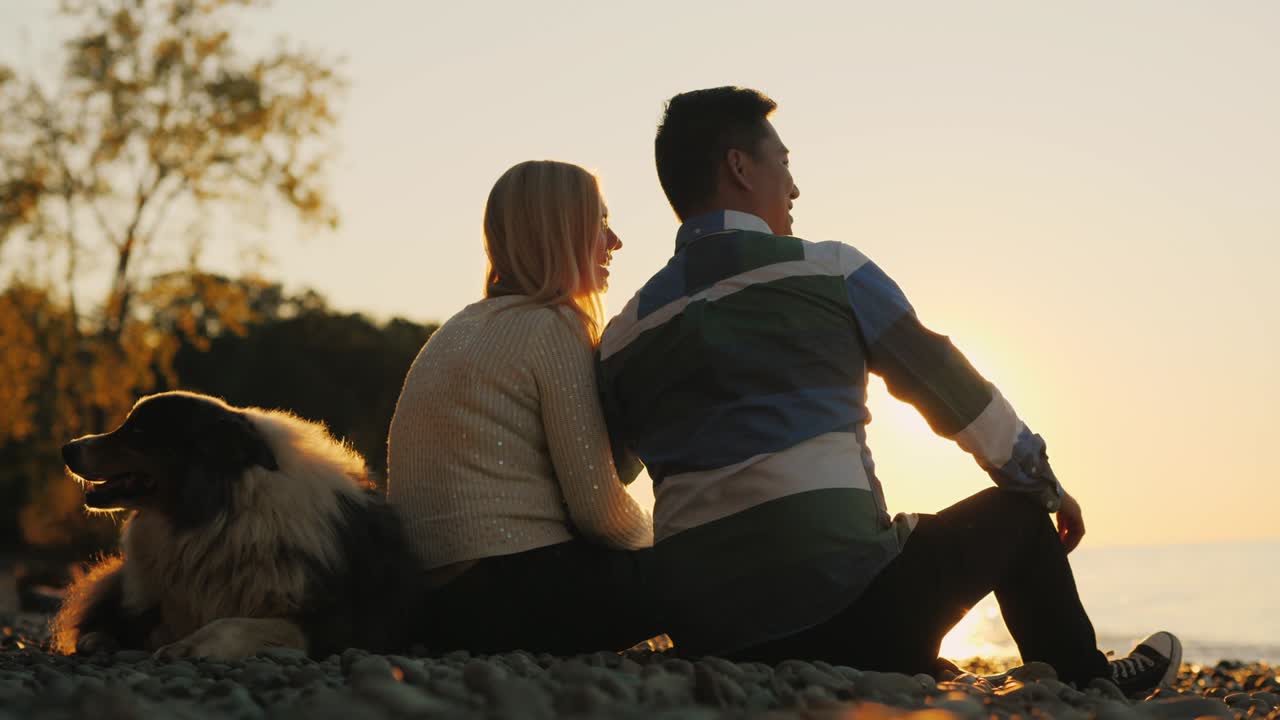 해가 지는 동안 개와 함께 해변에 앉아있는 젊은 다민족 부부.