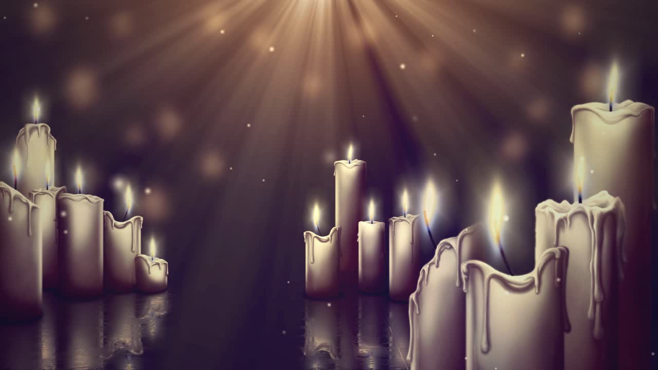 Multiple White Candles Burning with Golden Light Beams