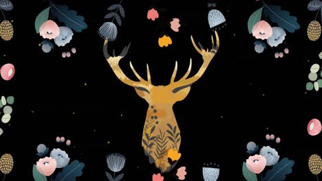 Animation-of-flowers-and-stag-head-design-on-black-with-falling-snow