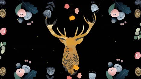 animation of flowers and stag head design on black with falling snow