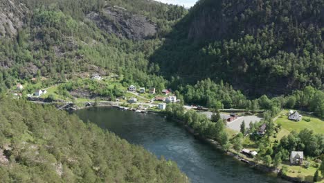 aerial of vikafjorden fjord leading to vosso salmon river - at stamnes close to school in sanden