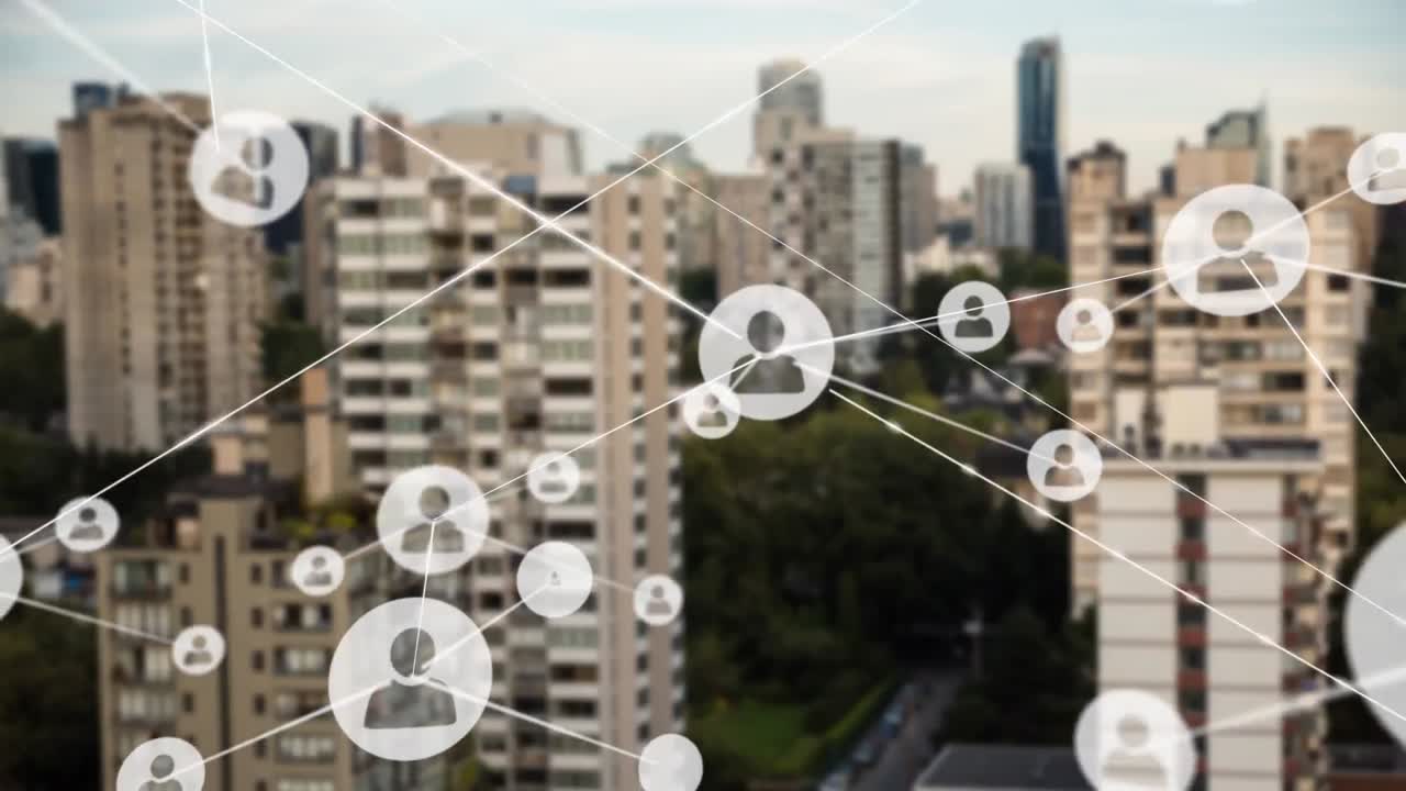 도시 풍경 위의 사람 아이콘과의 연결 네트워크의 애니메이션