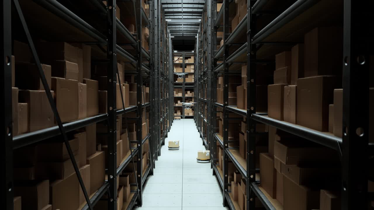 almacén automatizado con robots y drones