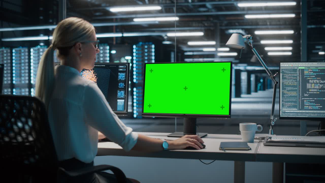 servidor de centro de datos de alta tecnología: mujer caucásica especialista en tecnología de la información que trabaja en pantalla verde computadora chroma key. monitoreo de servicios web, computación en la nube, instalación de análisis, mantenimiento de seguridad cibernética