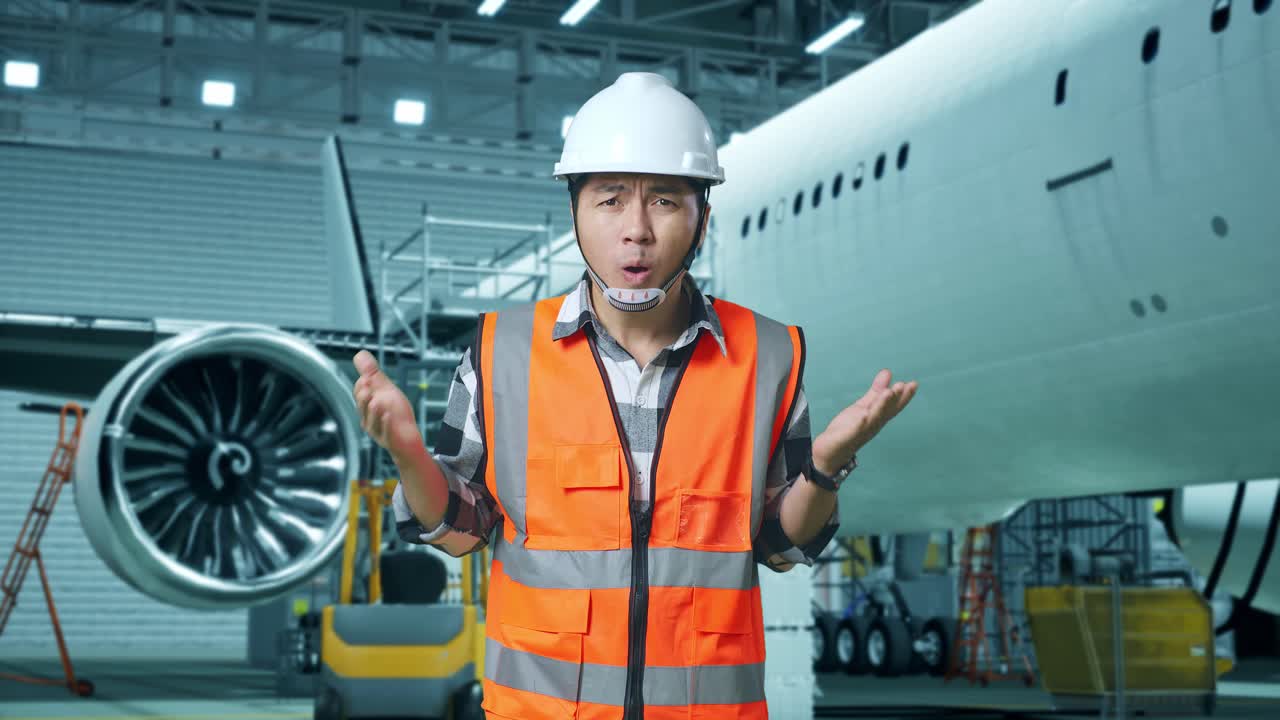 ingegnere maschio asiatico con casco di sicurezza in piedi con l'aereo nell'hangar. chiedendosi e dicendo perché lavorare dubbiosamente mentre la manutenzione dell'aere o